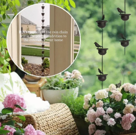 🐦🌧️ Where Rain Meets Art – Decorative Rain Chain with Bird Bath Design