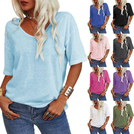 🎁2026 New Arrivals 50% OFF💥Women's Solid Color V-Neck T-shirt