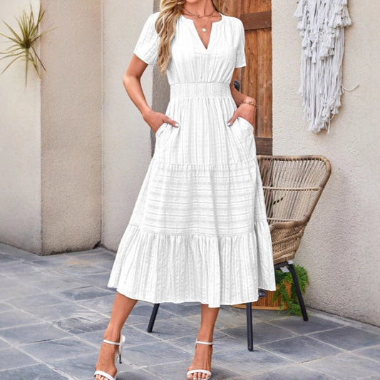 👗 Nyhet 50% RABATT 🎁 | Kortärmad V-ringad Långklänning – Flödande & Sommarchic