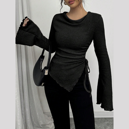 🚨 LIMITED TIME: 50% OFF!✨Funnel Neck Flare Sleeve Knit Top with Side Drawstring