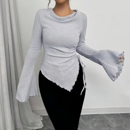 🚨 LIMITED TIME: 50% OFF!✨Funnel Neck Flare Sleeve Knit Top with Side Drawstring