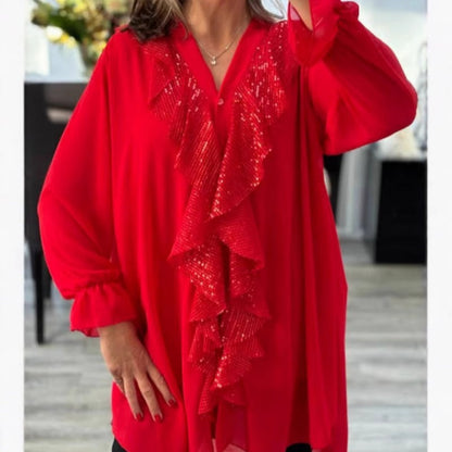 🎁Meet Christmas 50% OFF🎄Women's V-Neck Chiffon Sequin Long Sleeve Shirt