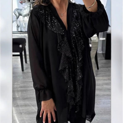 🎁Meet Christmas 50% OFF🎄Women's V-Neck Chiffon Sequin Long Sleeve Shirt