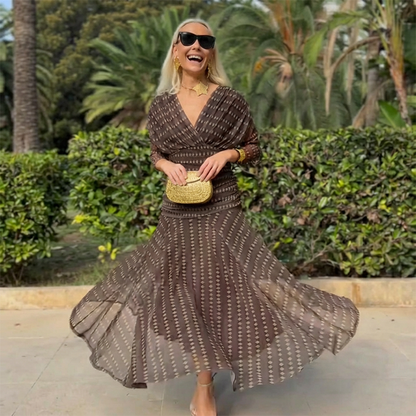 🎁2026 New Arrivals 50% OFF💥Bohemian V-Neck Ruched Mesh Maxi Dress