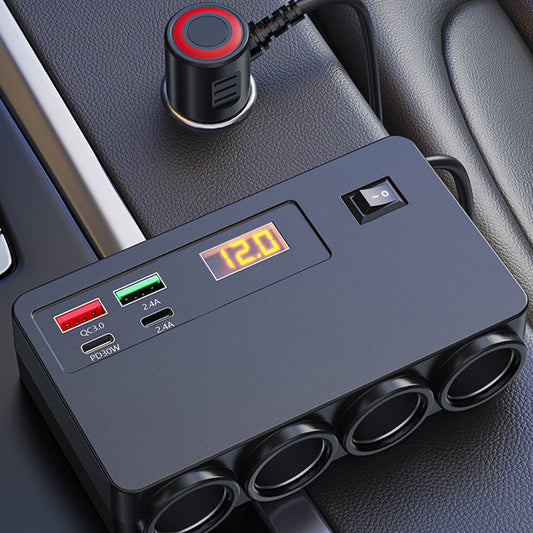 🔥 Hot Sale 50% OFF 🔥120W Car Charger Adapter – 4 USB Ports (PD 30W + QC 3.0) + 3 Sockets, Real-Time Voltage Display! 🚗⚡
