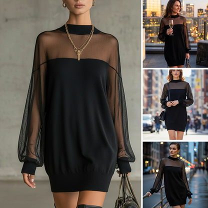 🎁New arrival 50% OFF💥Sheer Mesh Mock Neck Mini Dress👗
