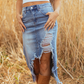 👗💙 50% RABATT! | Högmidjad Denimkjol med Slitningar – Trendiga Distress-detaljer & Asymmetrisk Fåll!