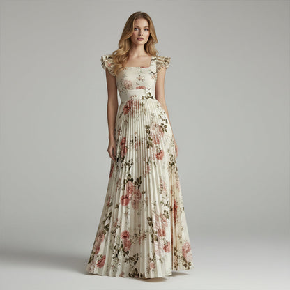 👗 BEGRÄNSAD TID 50% RABATT! ✨ Blommig Veckad Maxiklänning – Fyrkantig Urringning, Volangärmar, Hög Midja 🌸