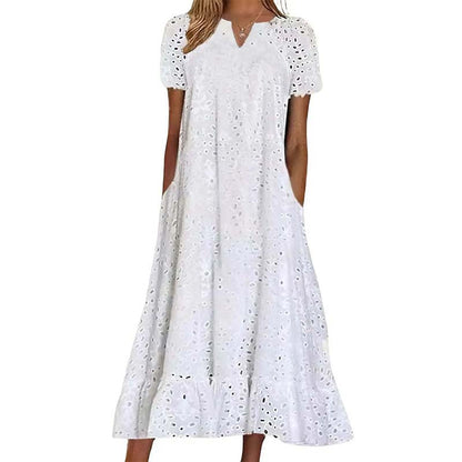 ✨ Elegant V-ringad klänning med kort ärm – luftig komfort & tidlös stil för sommaren 🌿