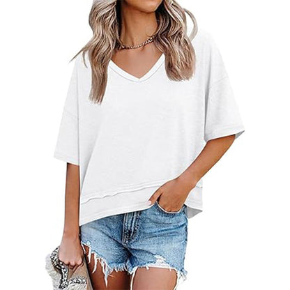 🌿 Dam V-ringad blus med halv ärm – patchwork-fåll, avslappnad passform & perfekt för jeans, kjol & shorts, unik & bohemisk 🧵