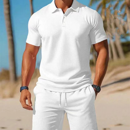 🌬️ Conjunto Masculino Casual 2 Peças Respirável – Polo + Shorts com Ajuste Confortável para o Verão