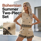 🌺 50% RABATT NU! 🏝️ Bohemian Topp & Shorts Set – Andningsbar Linneblend, Geometriskt Tryck & Högmidjade Shorts – Semesterredo ☀️