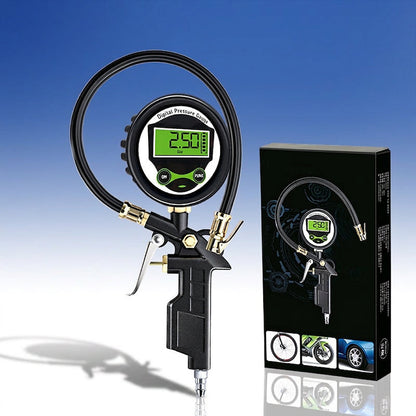 🔧 Digital däckpump med tryckmätare & LED-ljus – flera adaptrar, perfekt för bil, motorcykel, cykel & luftmadrass, snabb & exakt pumpning ⚡
