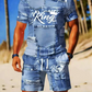 🎉 2026 Sale — Over 33,000 Sold! 👕 Men's Casual Faux Denim Print T-Shirt Shorts Set 🧢
